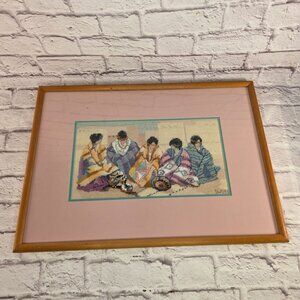 Vtg Native American Cross-Stitch Art Pueblo Morning Southwestern Women Scene